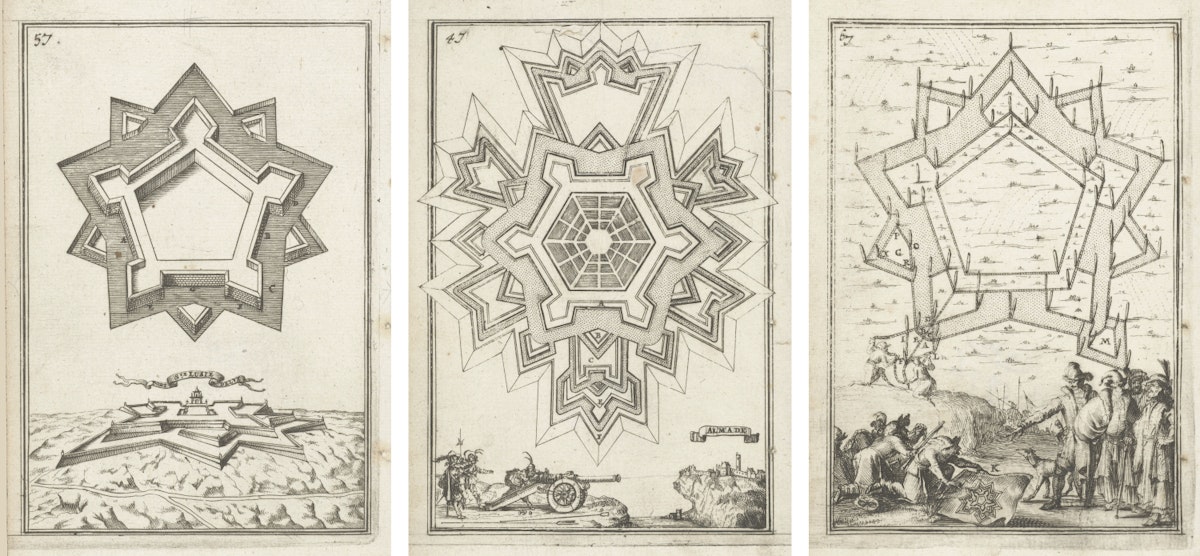 three images together, each depicting a fortication with a scene of battle below)
endimage