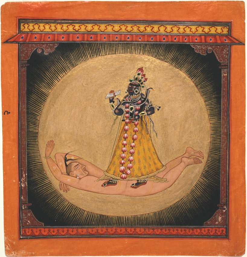 Painting of the Goddess Bhadrakali Manifests in a Sunlike Orb. Beetle-wing carapaces adorn her jewels.