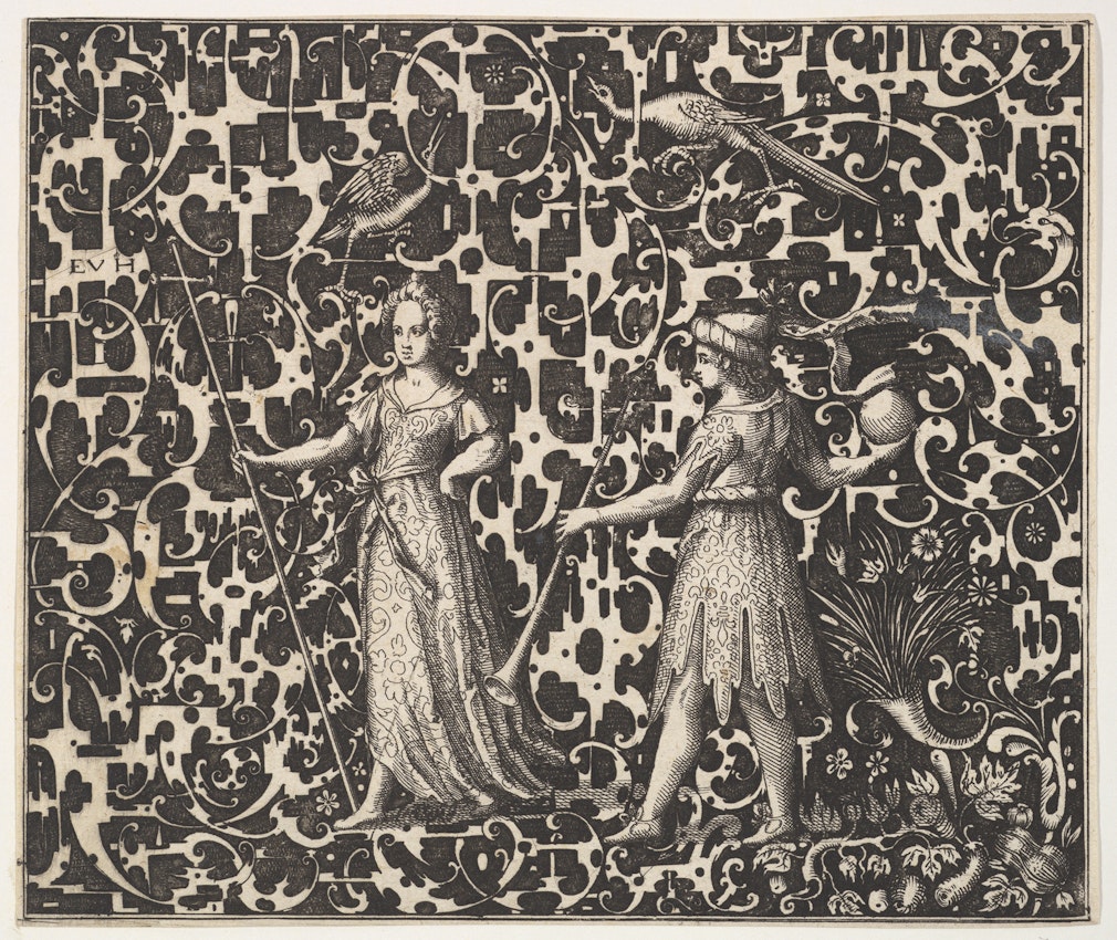 ornamental blackwork print with two possibly allegorical figures
