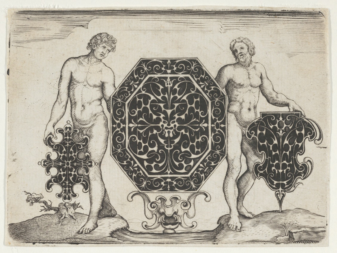 Blackwork print of nude figures holding an octagonal case and two other motifs