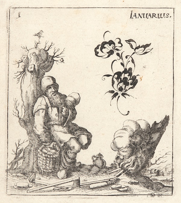 blackwork print of allegorical figure leaning on tree