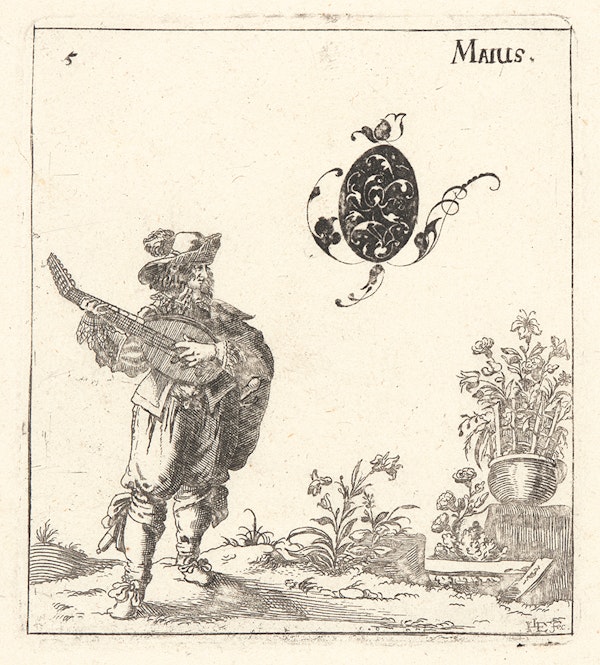 blackwork print of allegorical figure playing lute