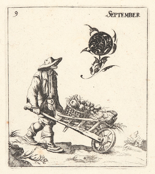 blackwork print of allegorical figure pushing wheelbarrow