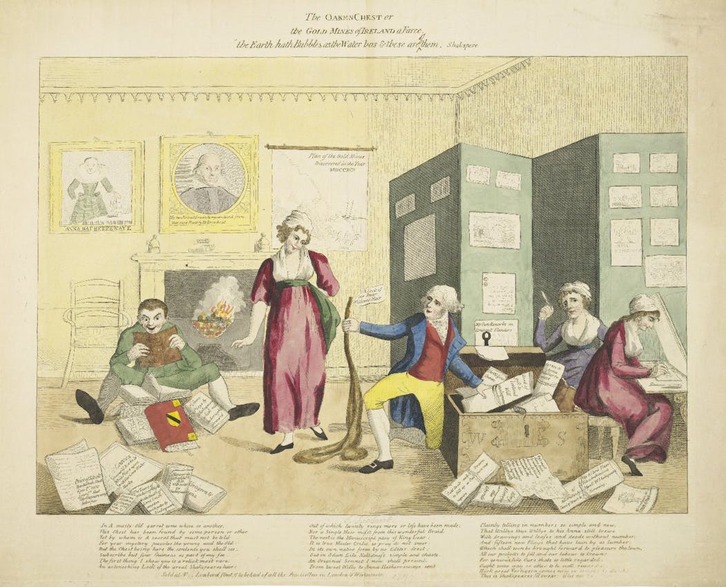 print showing ireland family sat around forging