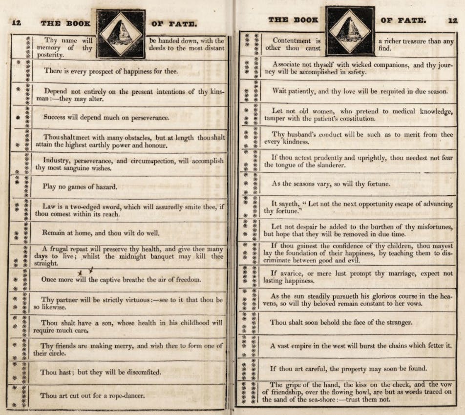 book spread showing grid of oracle questions