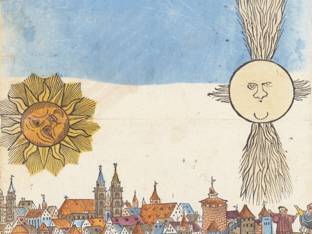 Two celestial faces hover above a cityscape with church spires and tiled rooftops - an orange sun with rays and a pale moon trailing streaks across the sky.