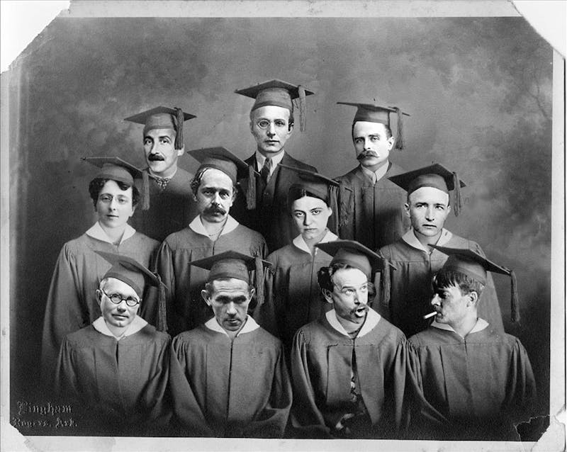 Graduation photo with heads of listed figures