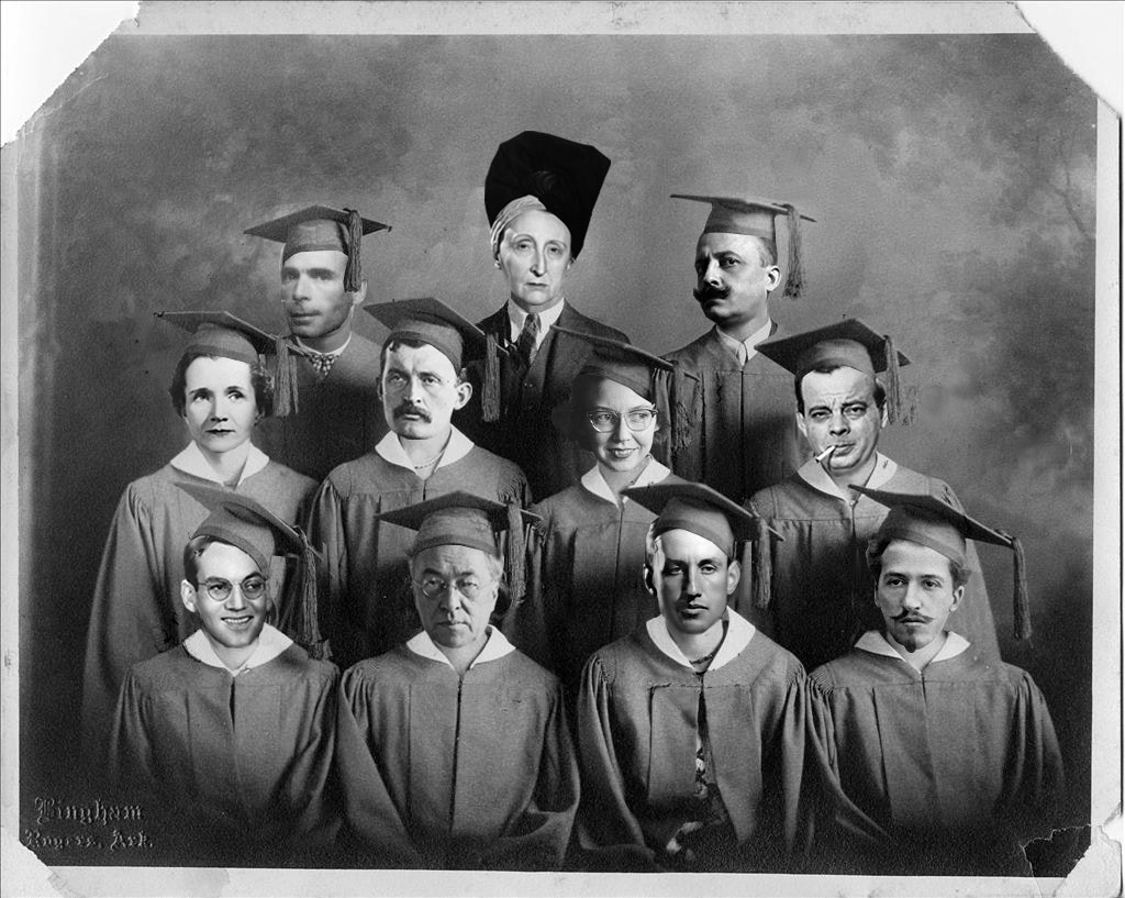 Graduation photo with heads of listed figures