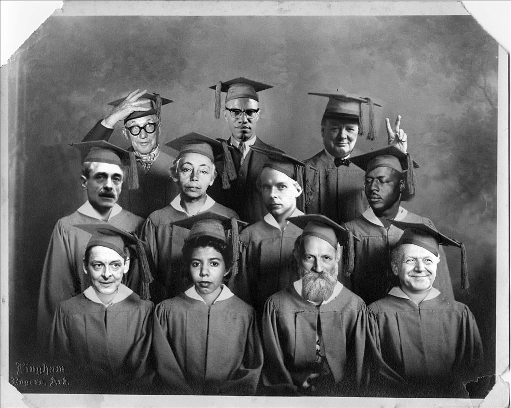 Graduation photo with heads of listed figures