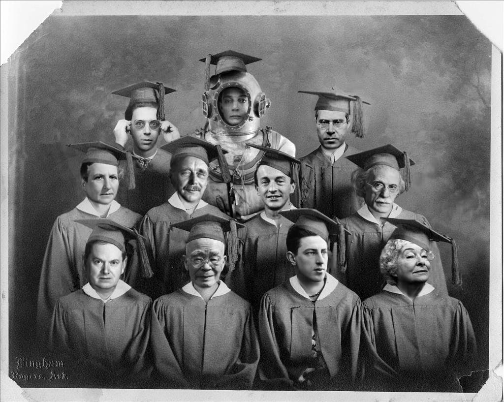 Graduation photo with heads of listed figures