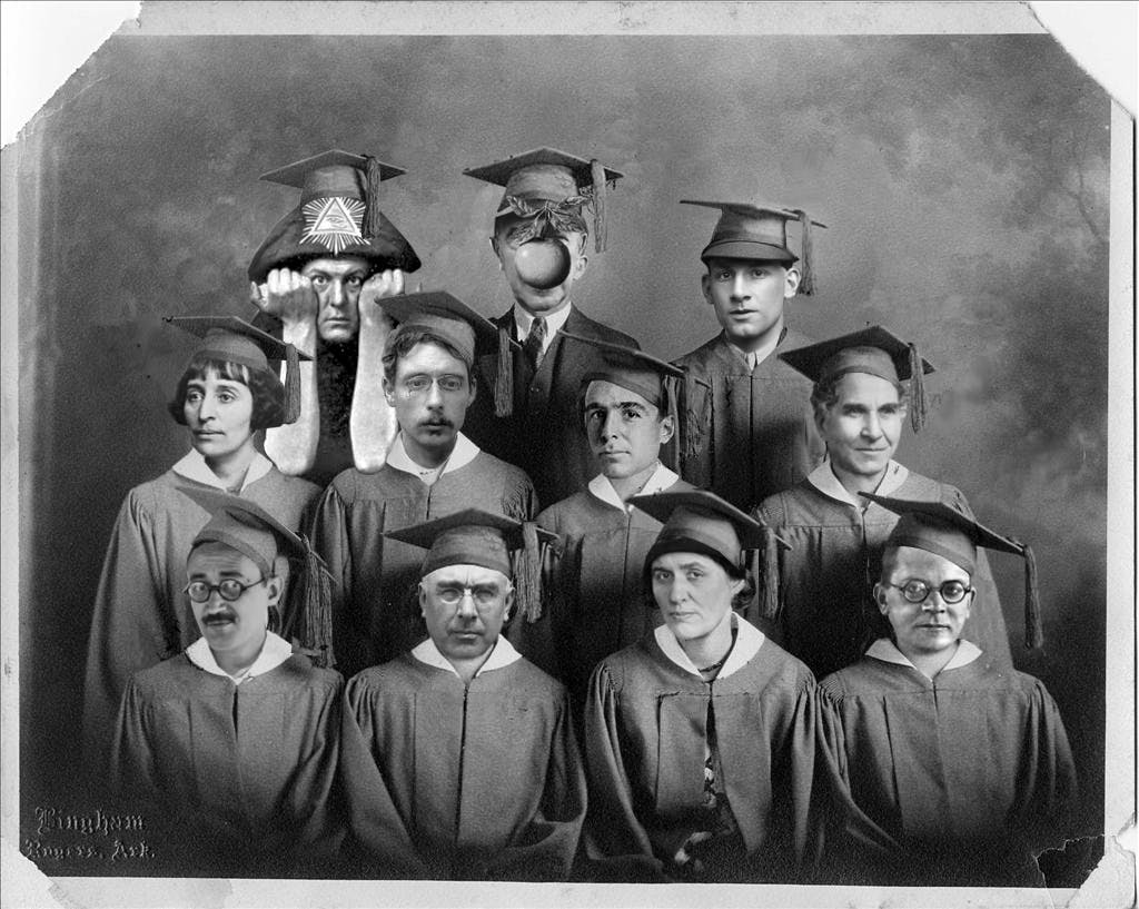 Graduation photo with heads of listed figures