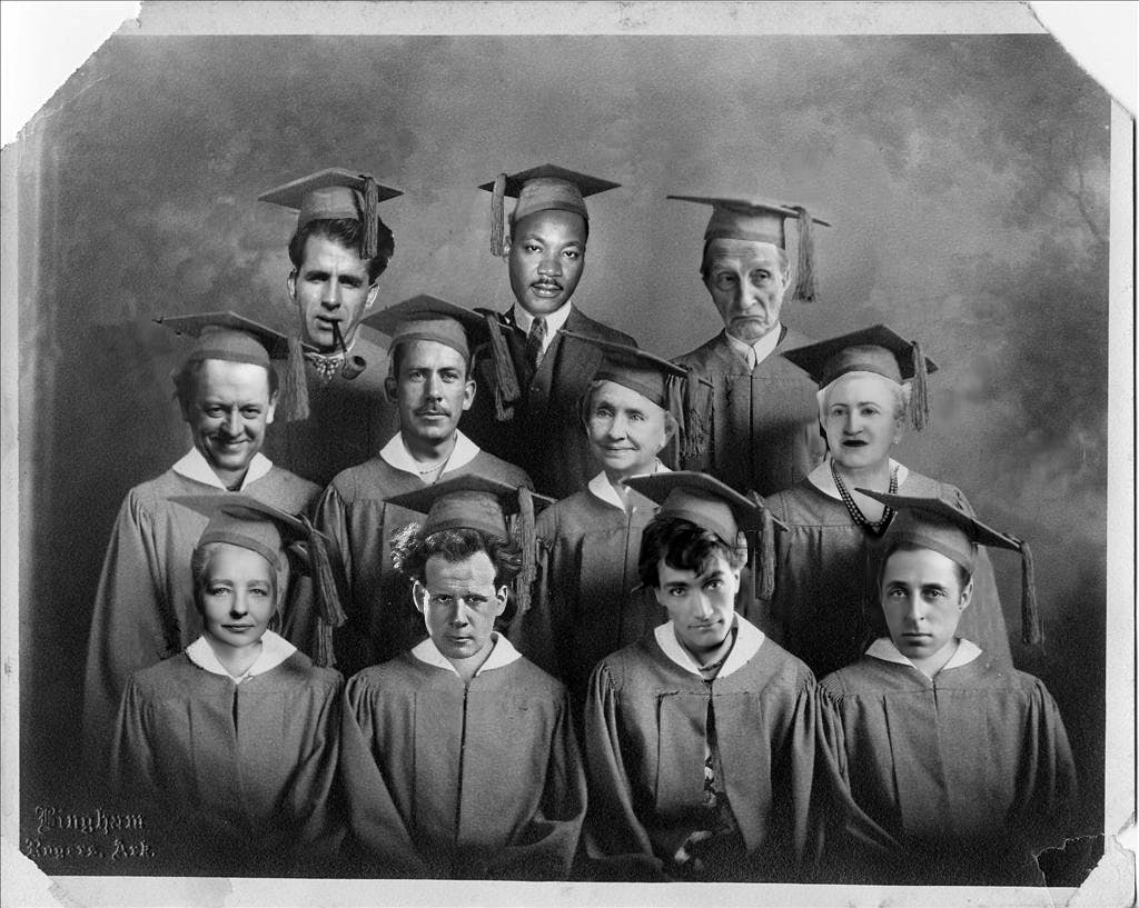 Graduation photo with heads of listed figures