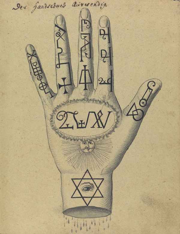 L0076356 Figure of hand showing cabbalistic signs and sigils