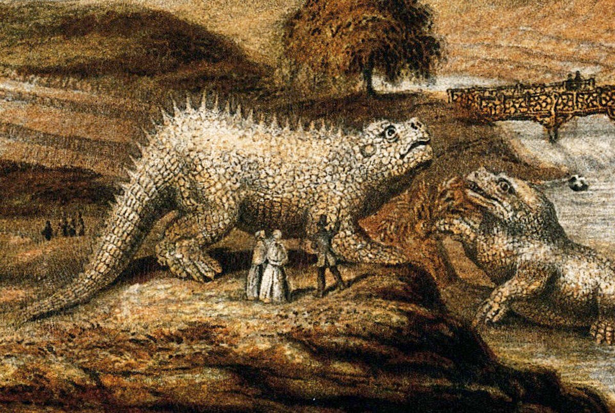 Detail of print featuring dinosaur statues and humans