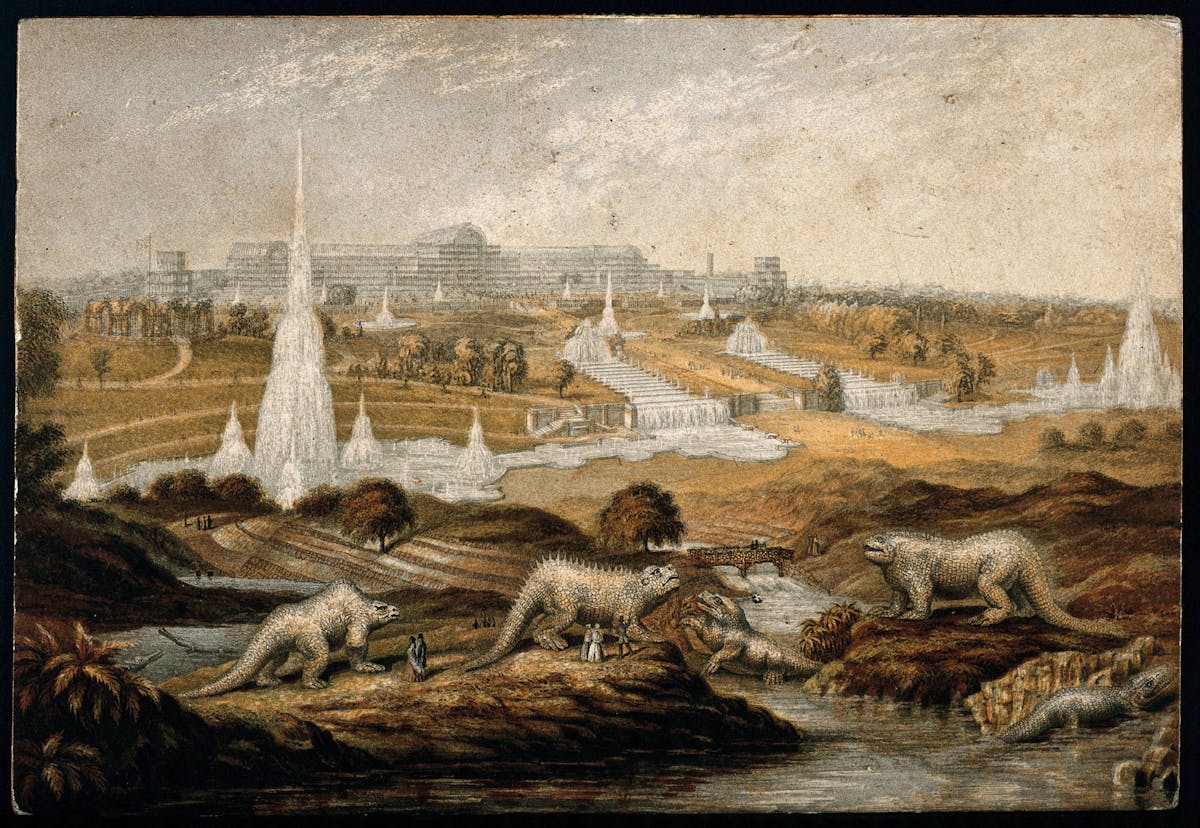 Print of dinosaurs and humans in a park