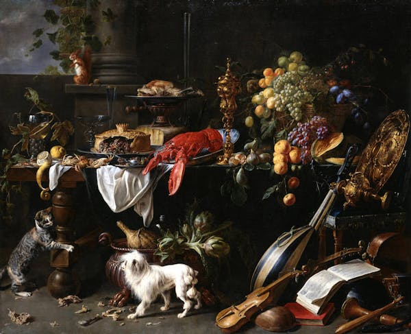 Still life painting overflowing with excess