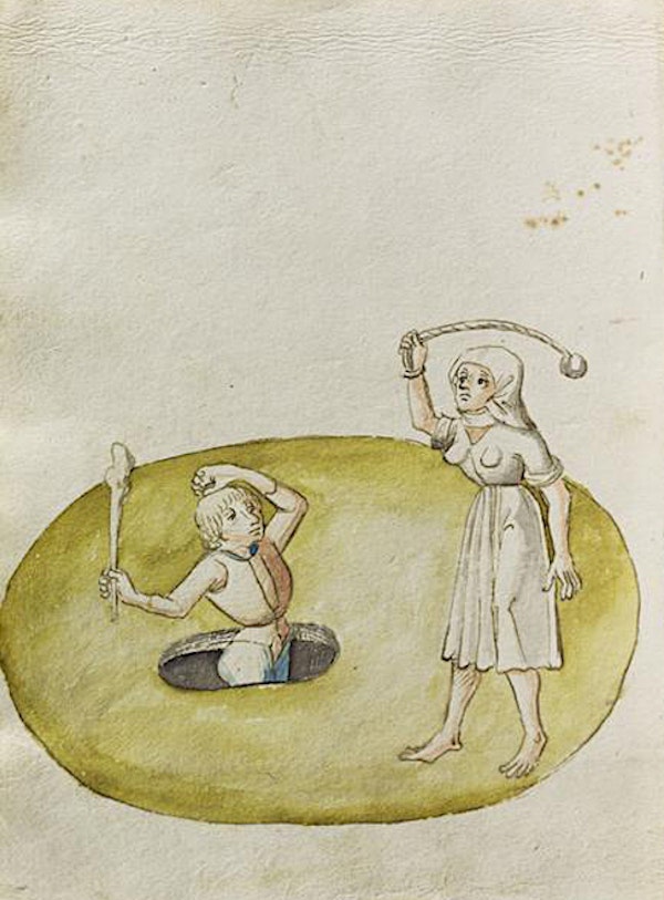 Manuscript illustration of duel between man and woman