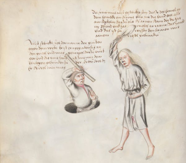 Manuscript illustration of duel between man and woman