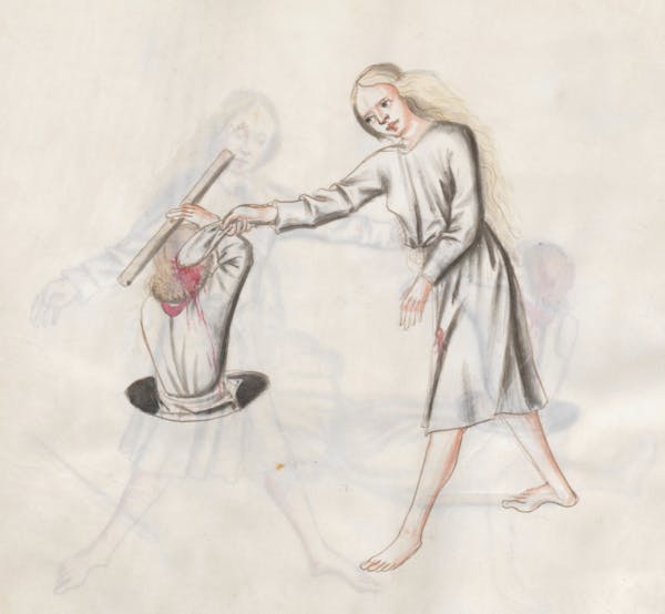 Manuscript illustration of duel between man and woman