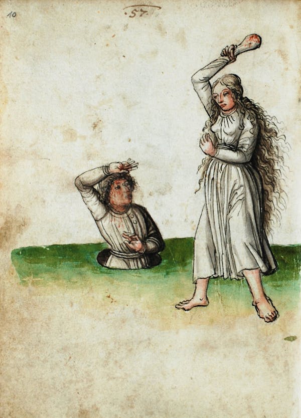 Manuscript illustration of duel between man and woman