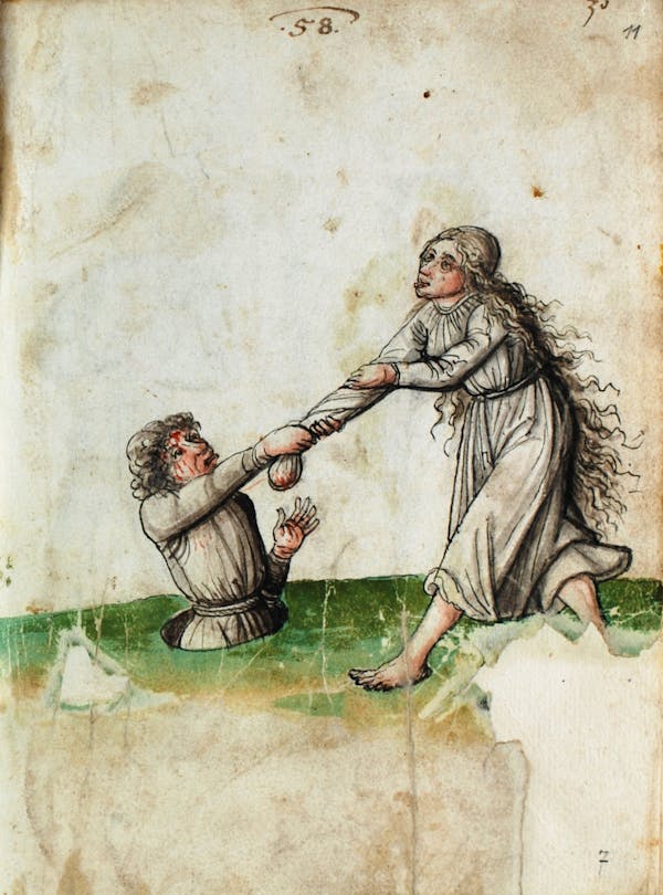 Manuscript illustration of duel between man and woman