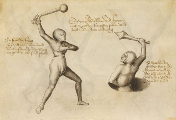 Manuscript illustration of duel between man and woman