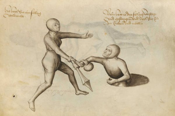 Manuscript illustration of duel between man and woman