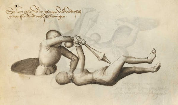 Manuscript illustration of duel between man and woman