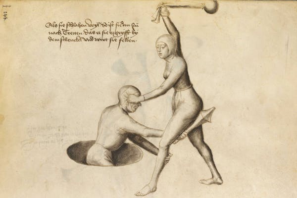 Manuscript illustration of duel between man and woman