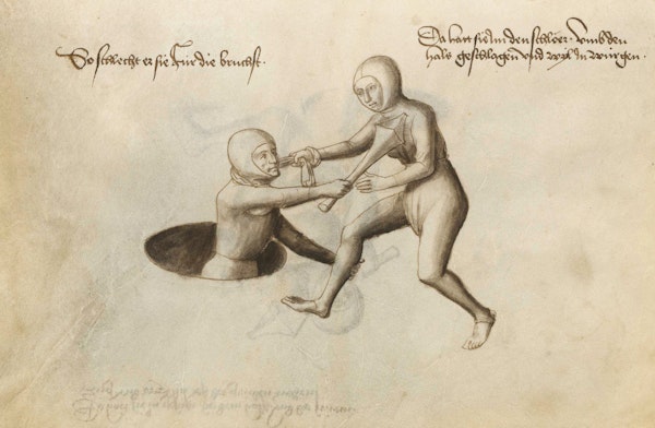 Manuscript illustration of duel between man and woman