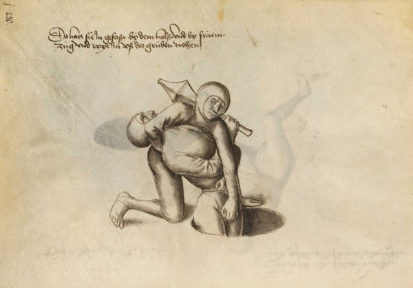 Manuscript illustration of duel between man and woman