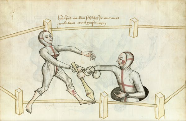 Manuscript illustration of duel between man and woman