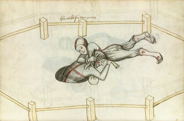 Manuscript illustration of duel between man and woman