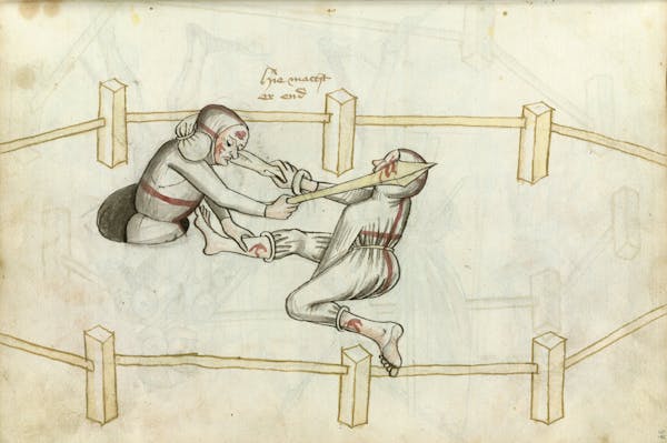 Manuscript illustration of duel between man and woman