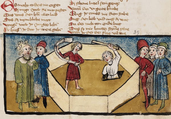 Manuscript illustration of duel between man and woman