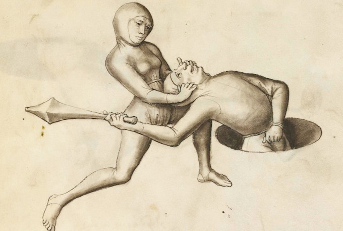 Two figures in a grappling pose, with one figure restraining the other's neck and arm, while holding a spear, suggestive of a martial arts or fencing technique demonstration