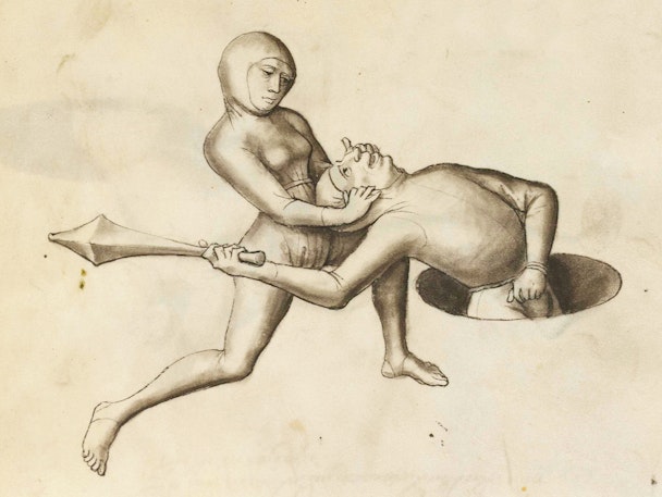 Two figures in a grappling pose, with one figure restraining the other's neck and arm, while holding a spear, suggestive of a martial arts or fencing technique demonstration