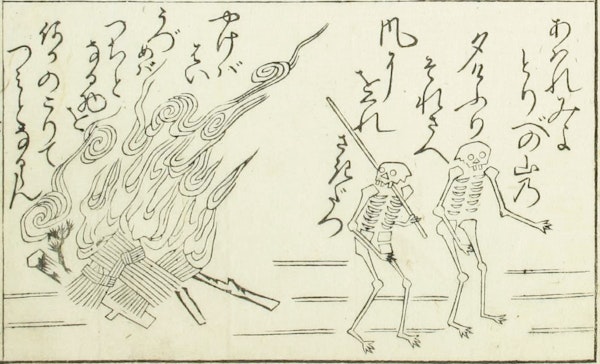 Illustration of skeletons and landscape