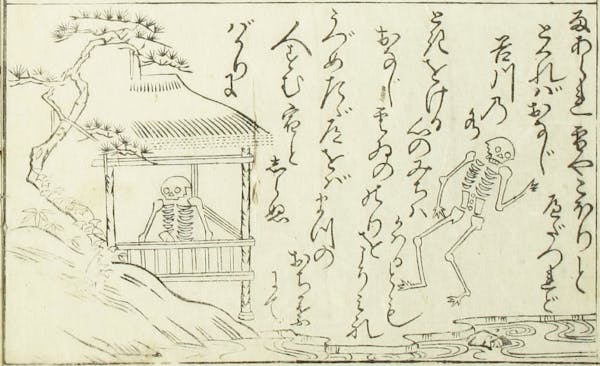 Illustration of skeletons and landscape