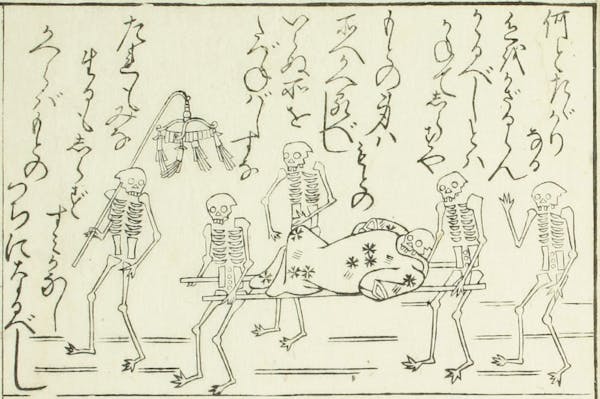 Illustration of skeletons and landscape