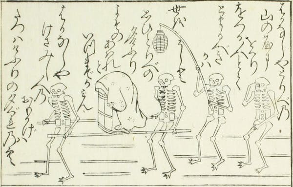 Illustration of skeletons and landscape