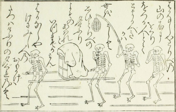 Illustration of skeletons and landscape