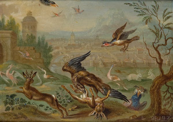 Painting of animals in landscape by Van Kessel