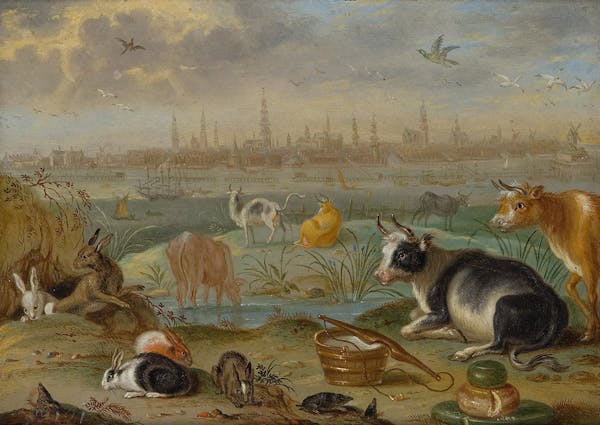 Painting of animals in landscape by Van Kessel