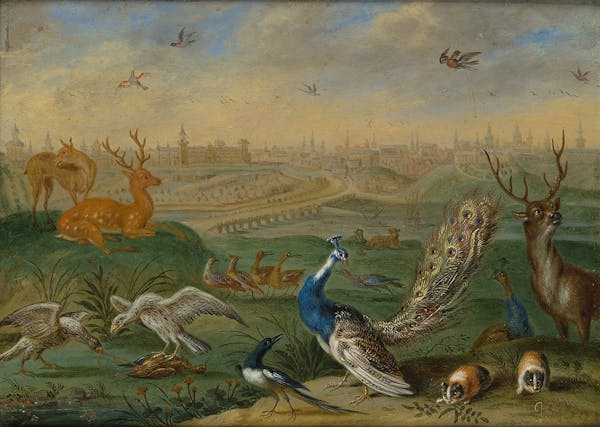 Painting of animals in landscape by Van Kessel