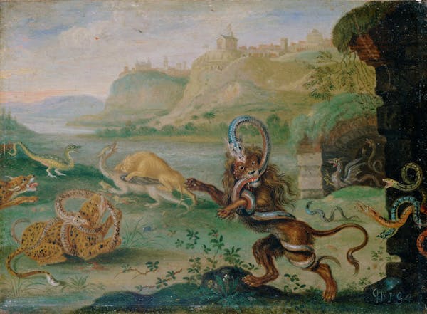 Painting of animals in landscape by Van Kessel