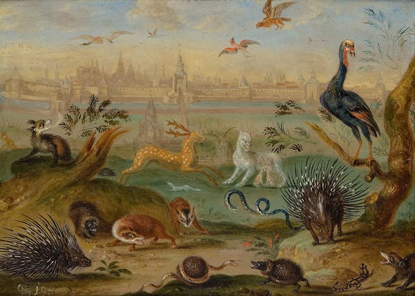 Painting of animals in landscape by Van Kessel