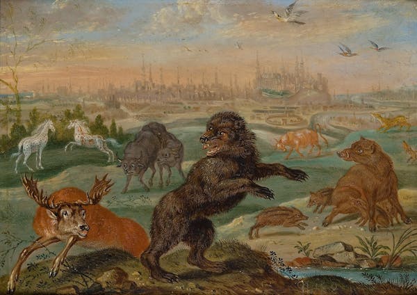 Painting of animals in landscape by Van Kessel