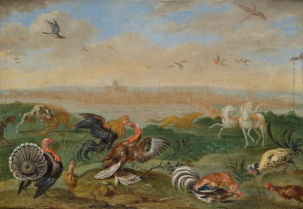 Painting of animals in landscape by Van Kessel