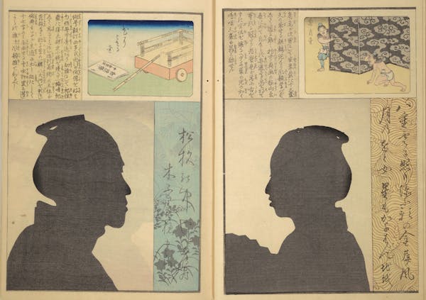 Japanese woodcut showing silhouettes of two figures facing each other, two pages of a book 